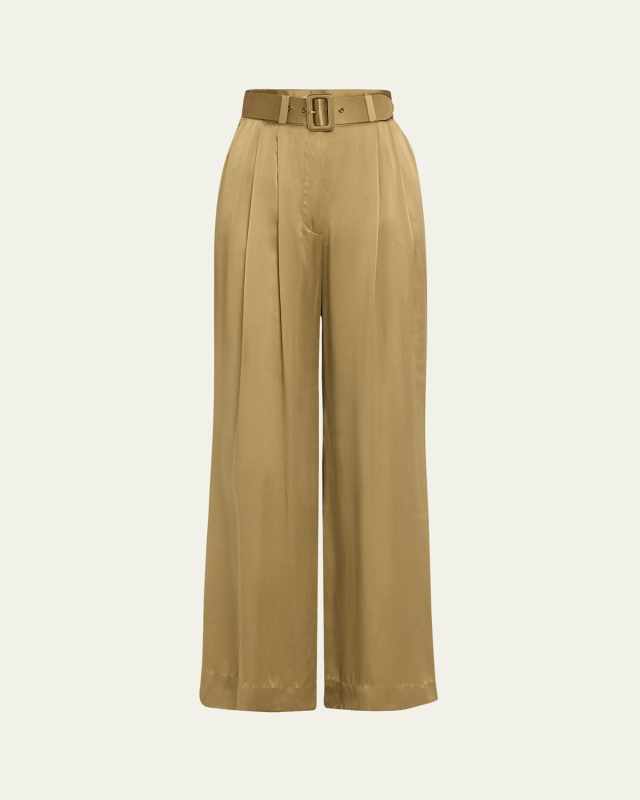 Belted Silk Tuck Pants